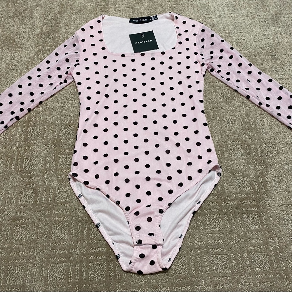 {NWT} Parisian Pink/Black Polka Dot Long Sleeve Bodysuit Size 4 - Picture 1 of 15